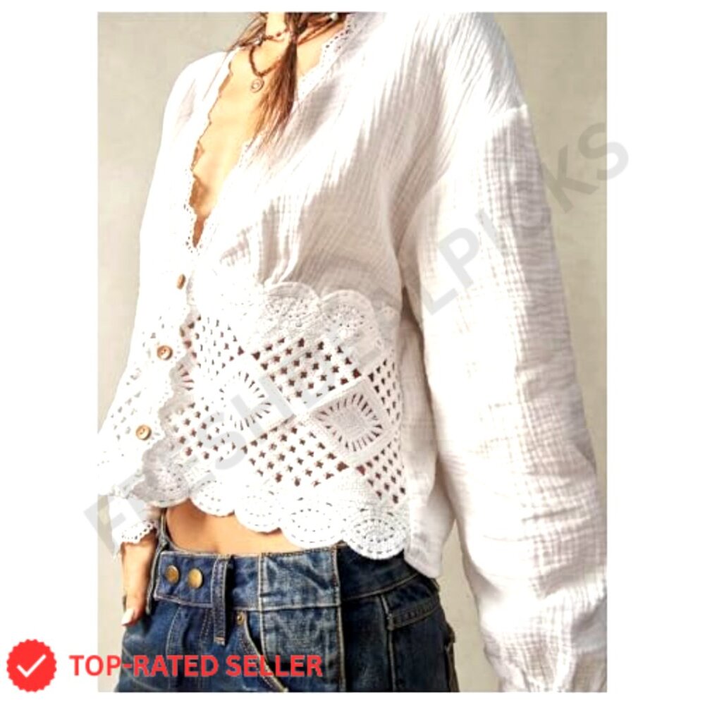 Vintage Crochet Patchwork Blouse Boho Deep V Neck Button Up Crop Top - Picture 2 of 5
